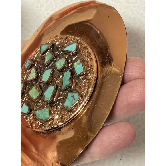 Vintage Belt Buckle Solid Copper Turquoise Inlay Nickel Silver Bell - Picture 10 of 16